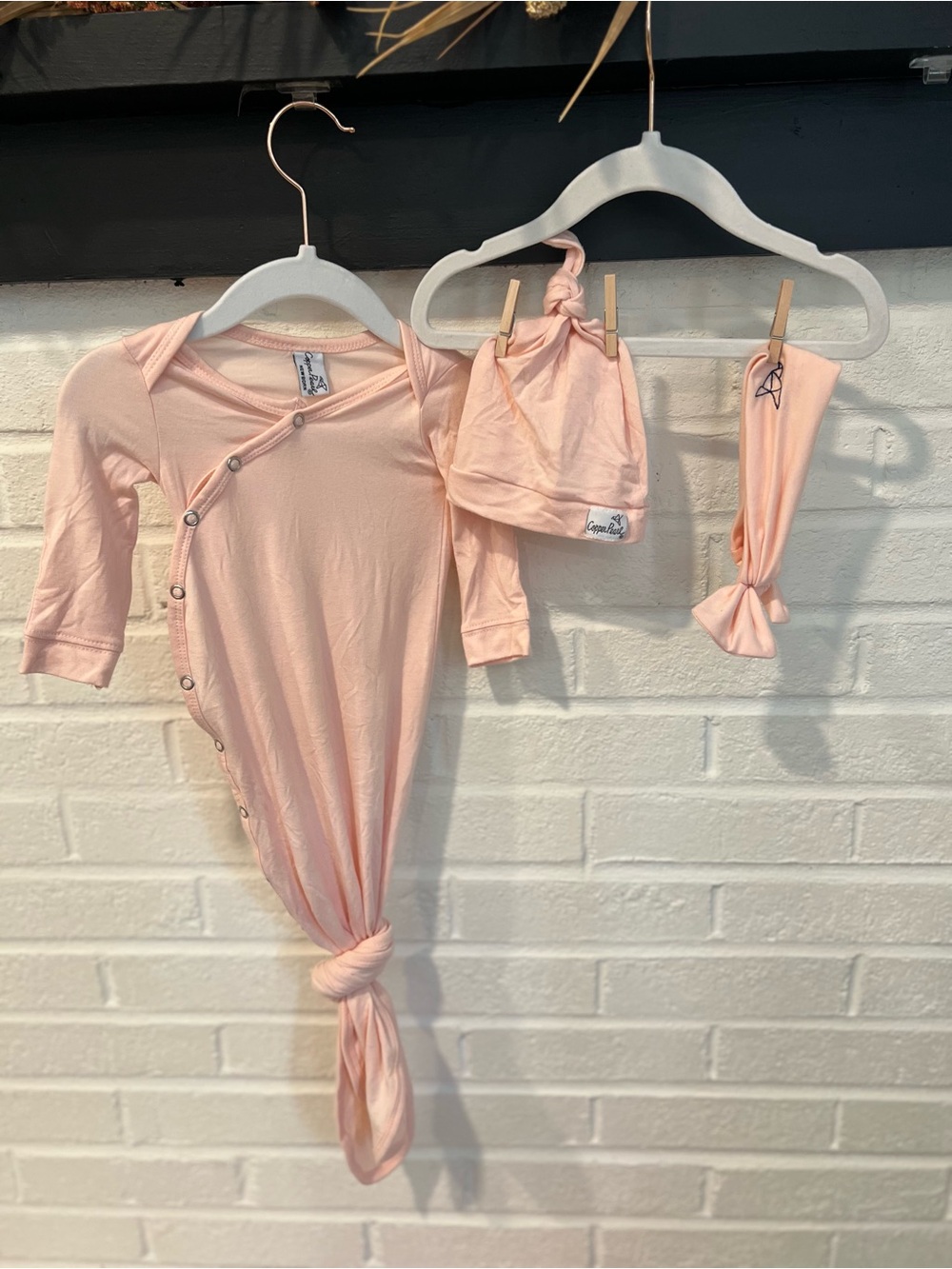 Copper Pearl Pink Baby Knot Gown with Hat & Headband